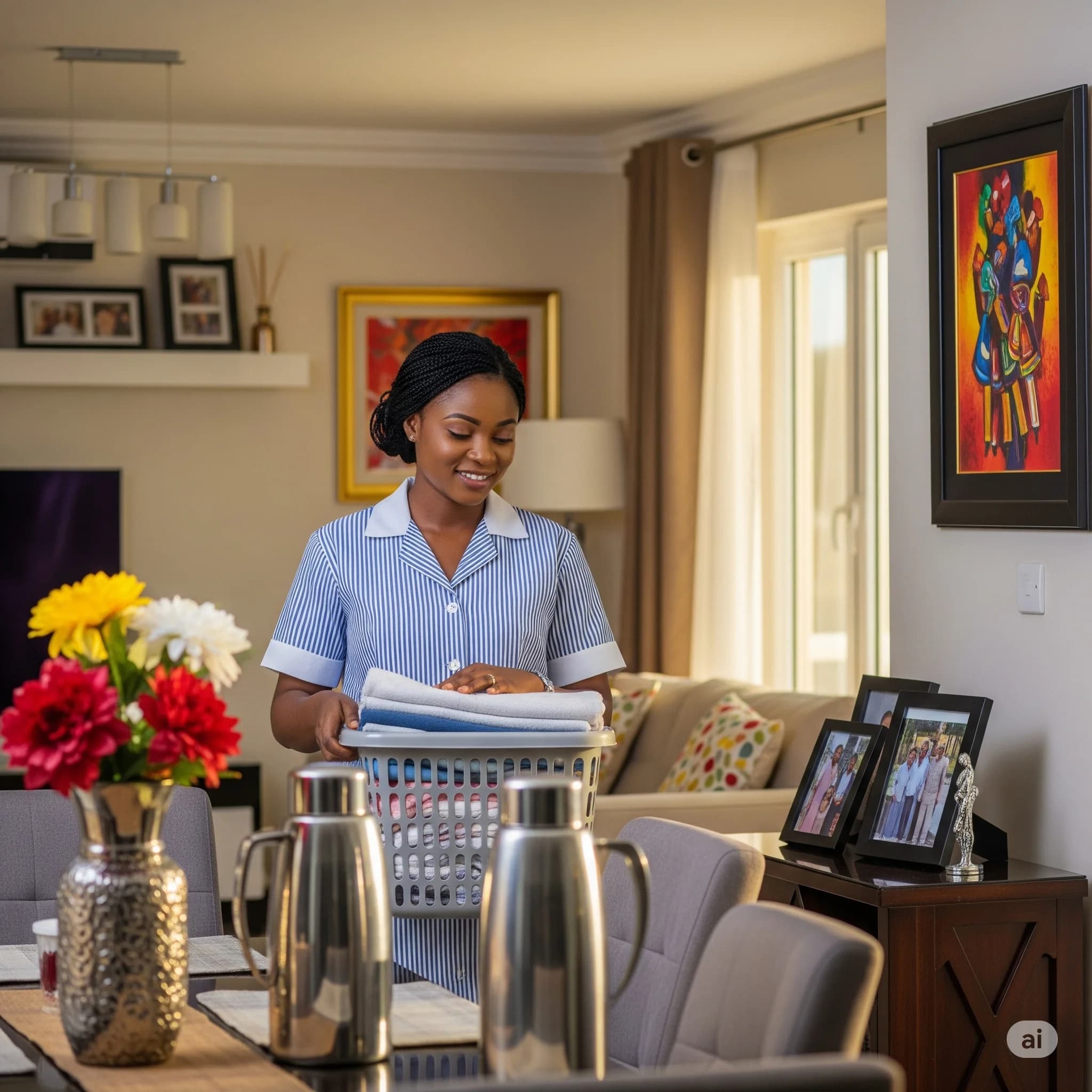 Professional housekeeper with cleaning supplies