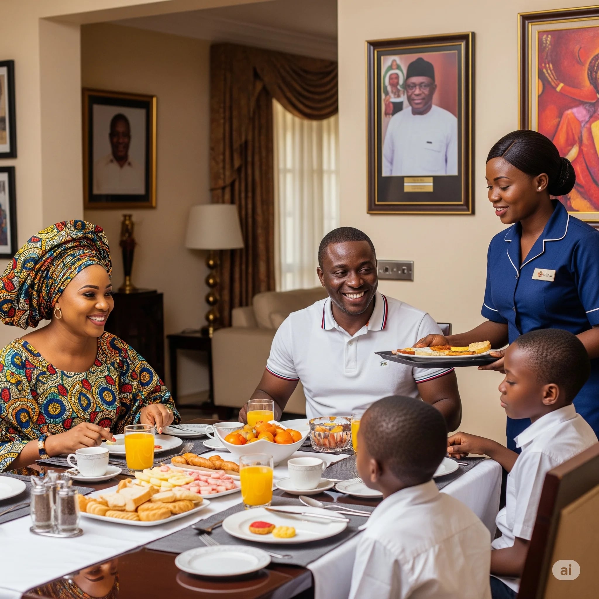 Happy African family being served by professional domestic staff representing trusted service connections