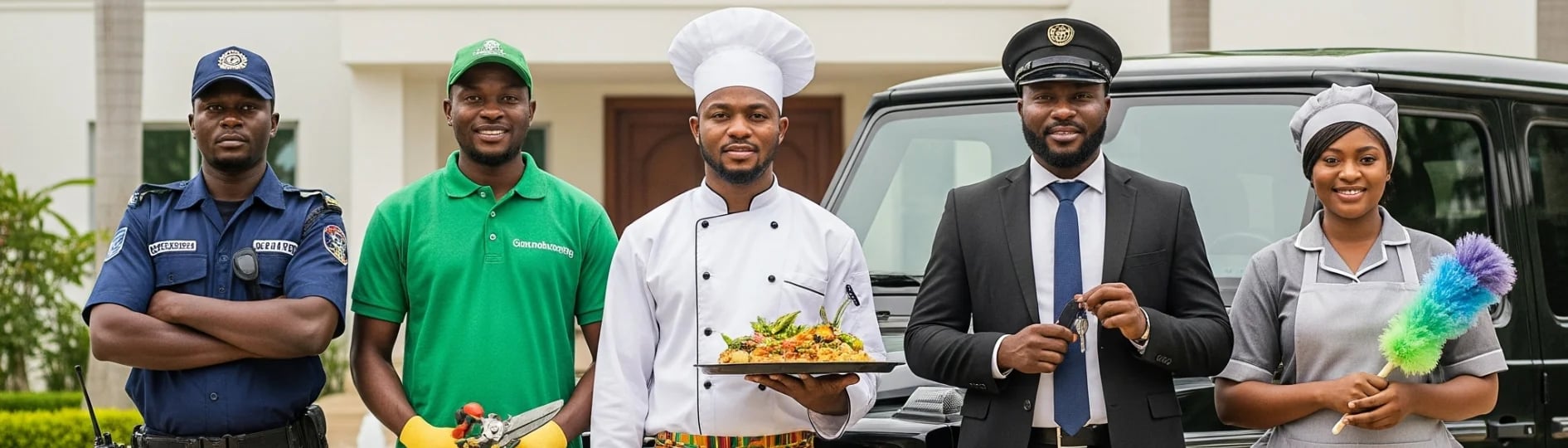 Professional diverse group of domestic staff including security guard, gardener, chef, driver, and housekeeper representing trusted service professionals